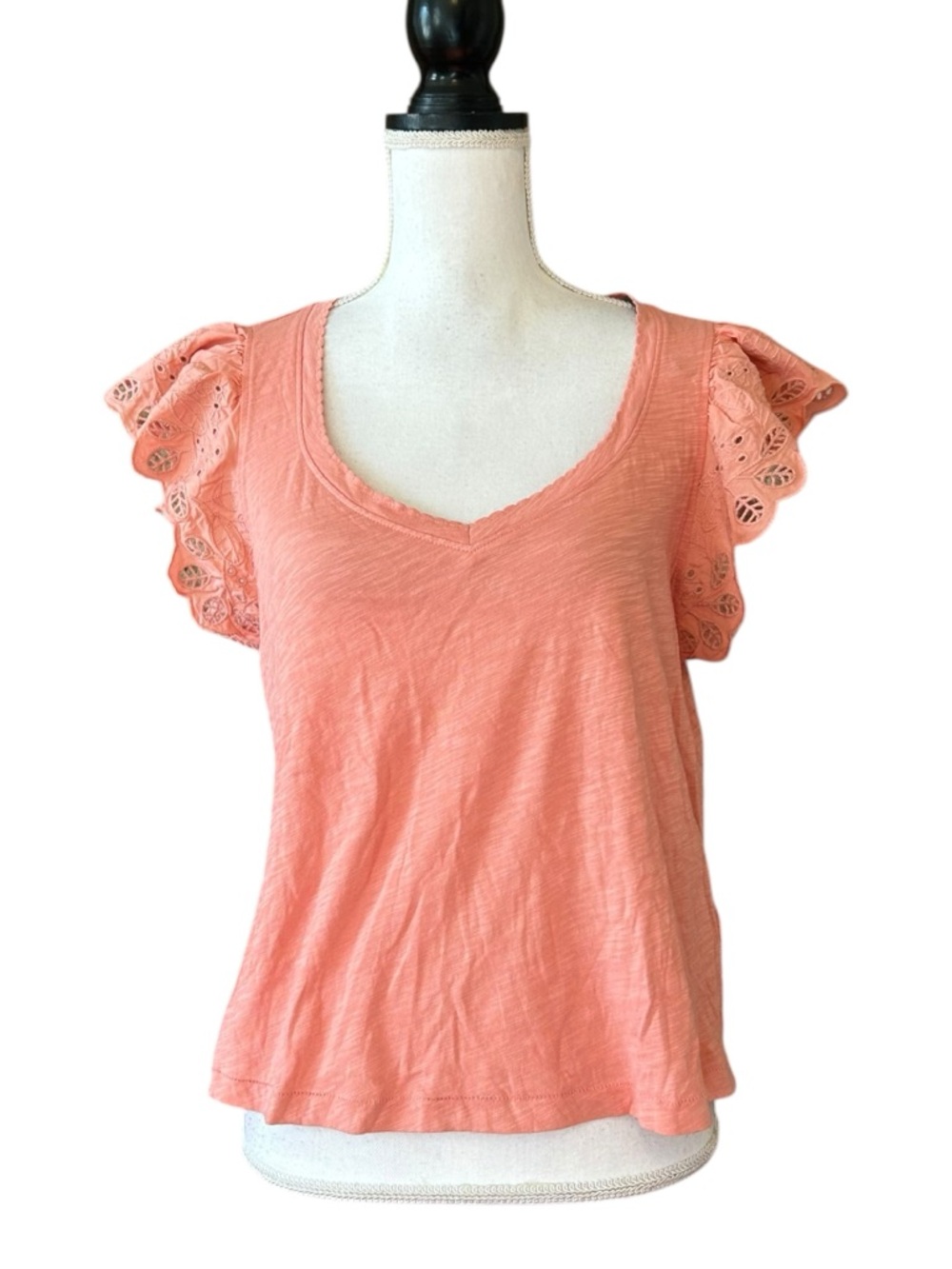 NWT Wit & Wisdom Eyelet‎ Flutter Sleeve V-Neck T-Shirt in Tangerine SZ Small